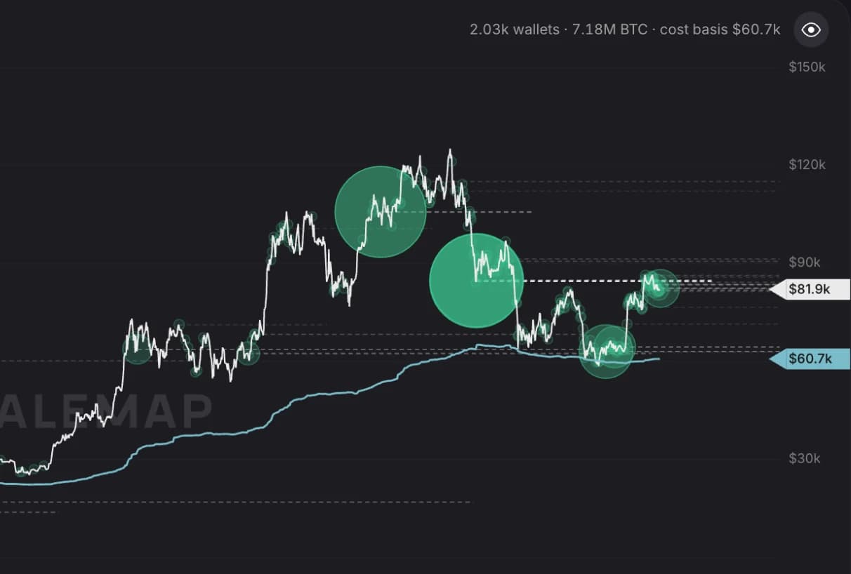Whale accumulation bubbles on the Bitcoin price, 2024 to 2026, with dashed level lines and the whales' realized price at $60.7k